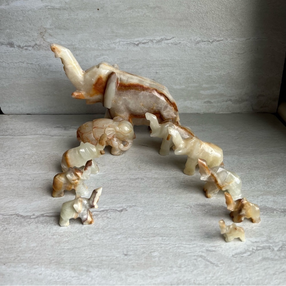 Antique vintage carved onyx elephants bundle mini small 10 pieces